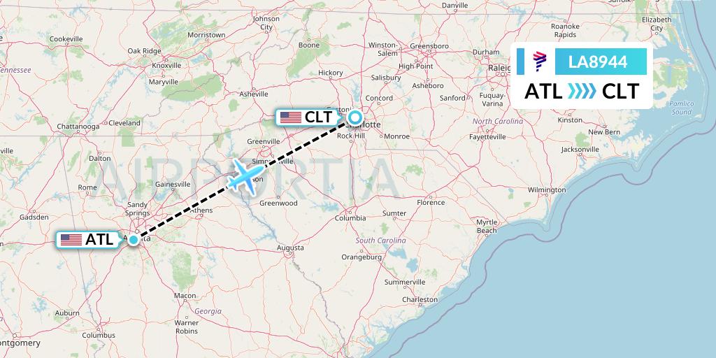 LA8944 LAN Airlines Flight Map: Atlanta to Charlotte