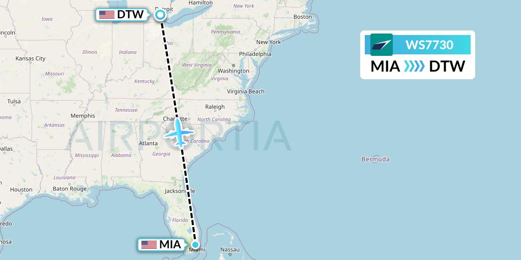 WS7730 WestJet Flight Map: Miami to Detroit