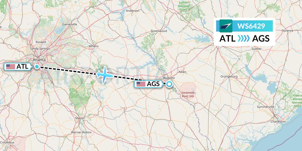 WS6429 WestJet Flight Map: Atlanta to Augusta