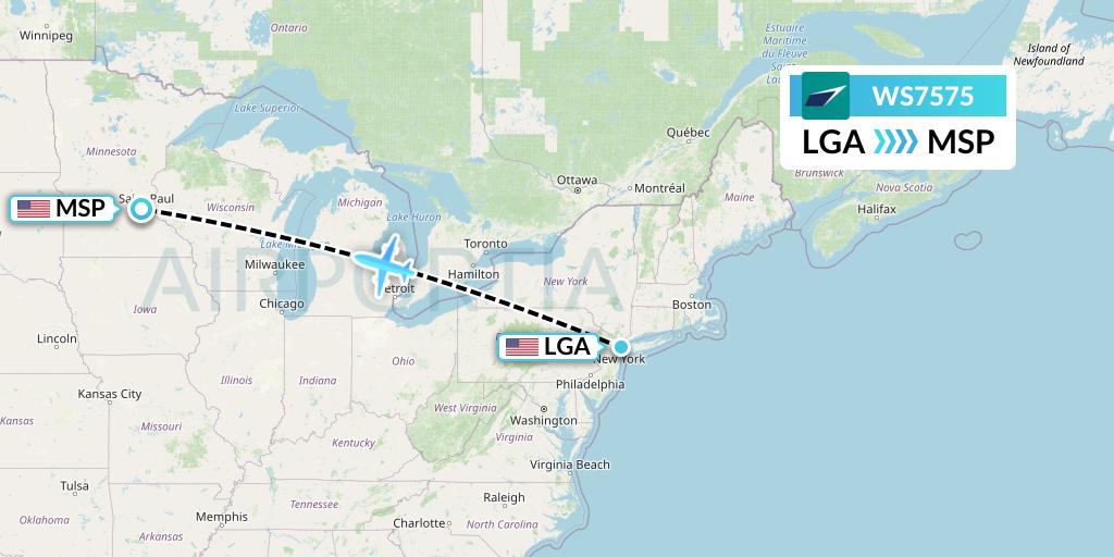 WS7575 WestJet Flight Map: New York to Minneapolis