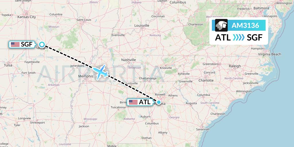AM3136 Aeromexico Flight Map: Atlanta to Springfield