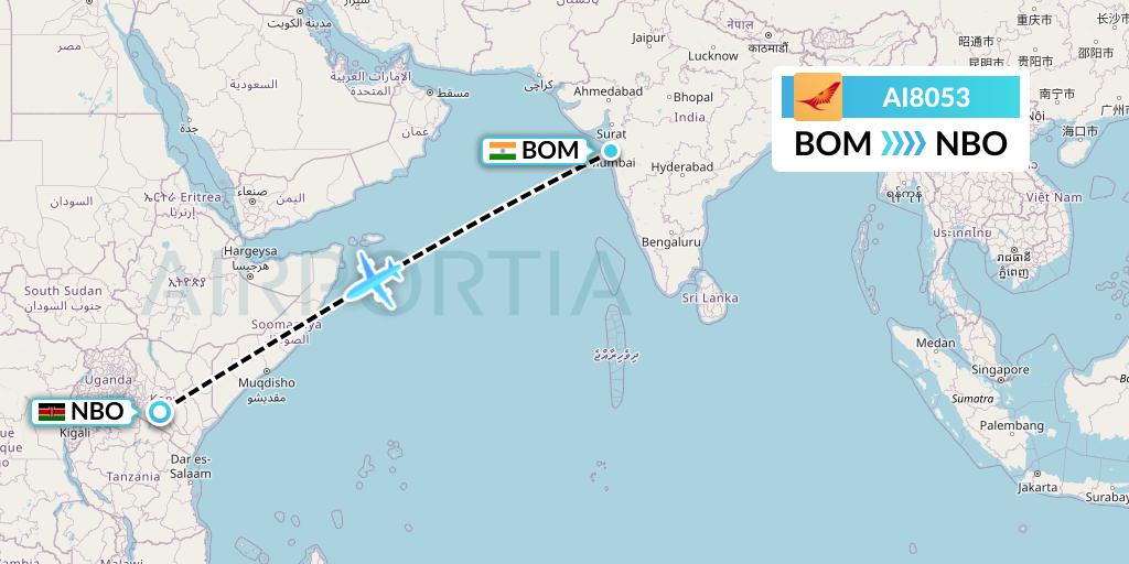 AI8053 Air India Flight Map: Mumbai to Nairobi