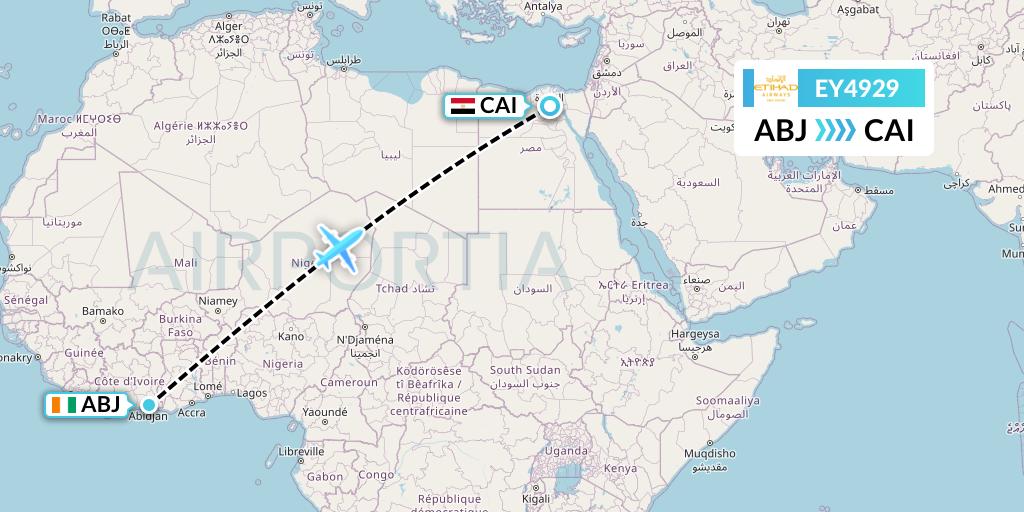 EY4929 Etihad Airways Flight Map: Abidjan to Cairo