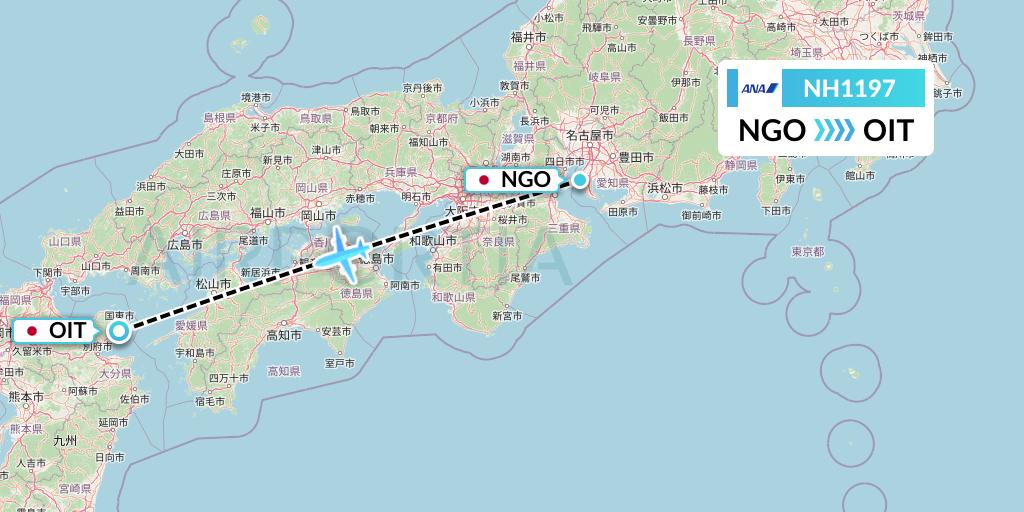 NH1197 All Nippon Airways Flight Map: Nagoya to Oita
