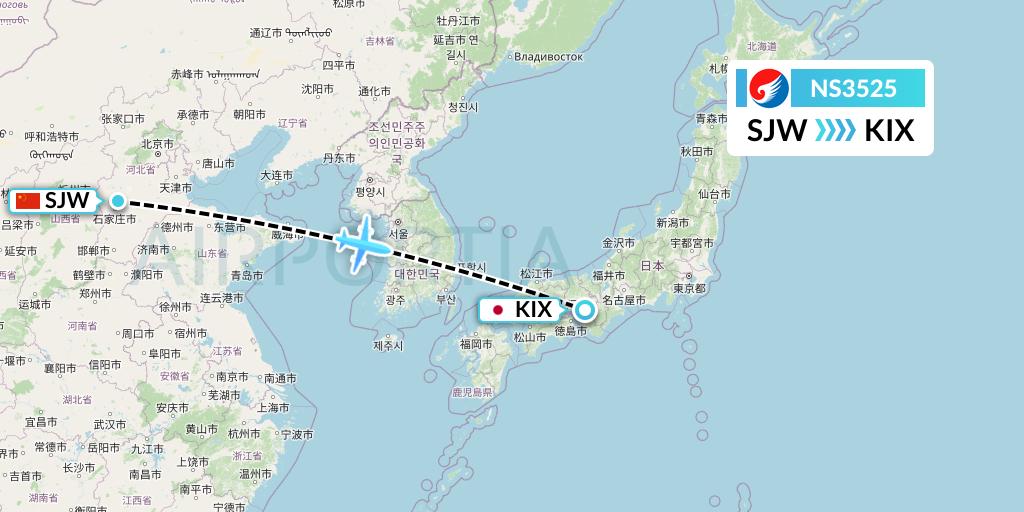 NS3525 Hebei Airlines Flight Map: Shijiazhuang to Osaka