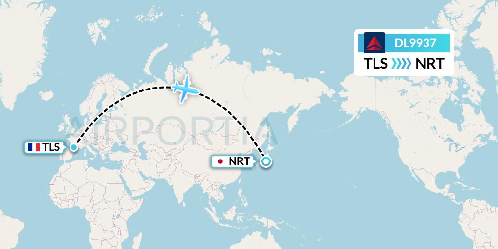 DL9937 Delta Air Lines Flight Map: Toulouse to Tokyo