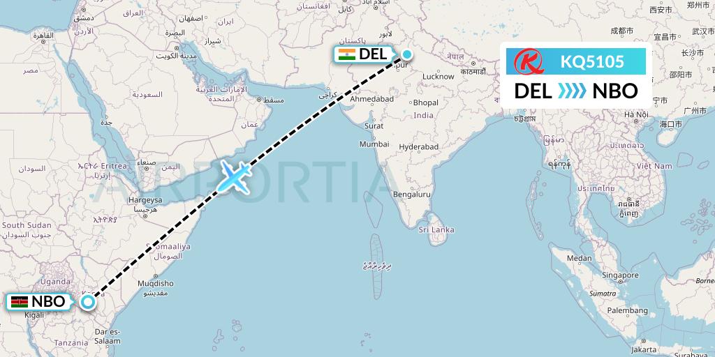 KQ5105 Kenya Airways Flight Map: Delhi to Nairobi