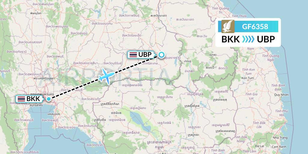 GF6358 Gulf Air Flight Map: Bangkok to Ubon Ratchathani