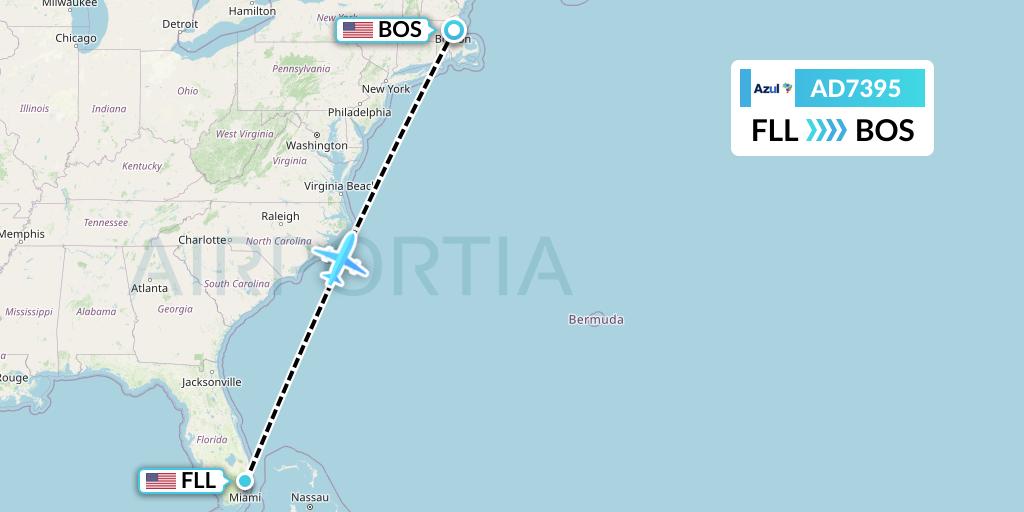AD7395 Azul Brazilian Airlines Flight Map: Fort Lauderdale to Boston