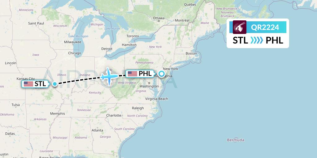 QR2224 Qatar Airways Flight Map: St. Louis to Philadelphia