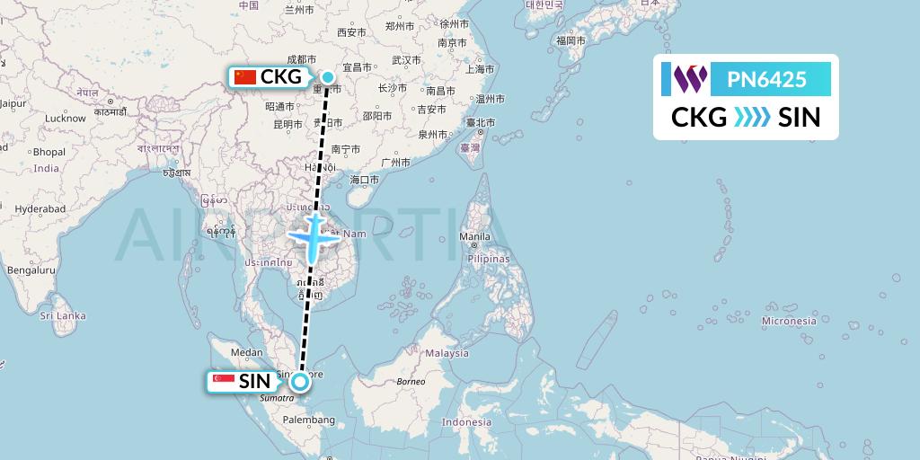 PN6425 China West Air Flight Map: Chongqing to Singapore