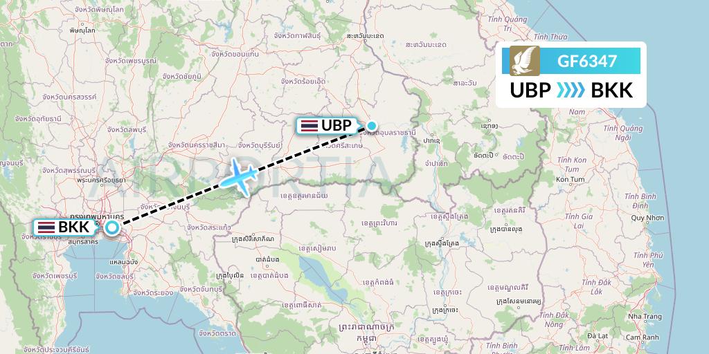 GF6347 Gulf Air Flight Map: Ubon Ratchathani to Bangkok