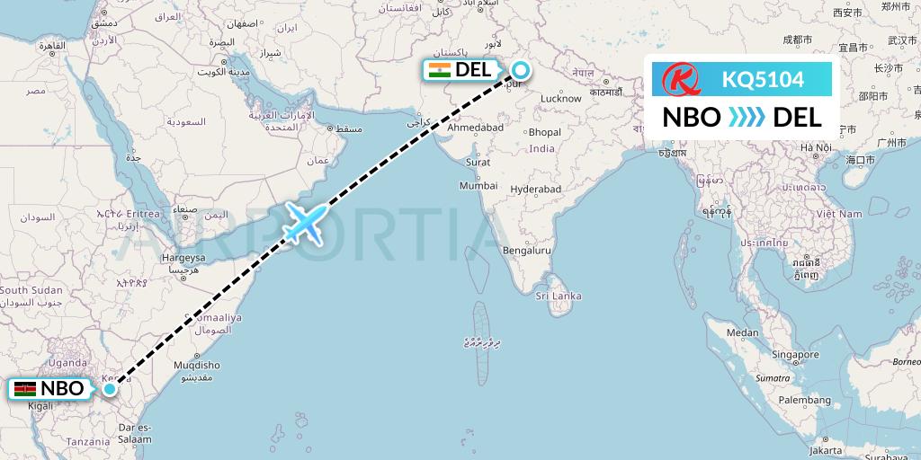 KQ5104 Kenya Airways Flight Map: Nairobi to Delhi