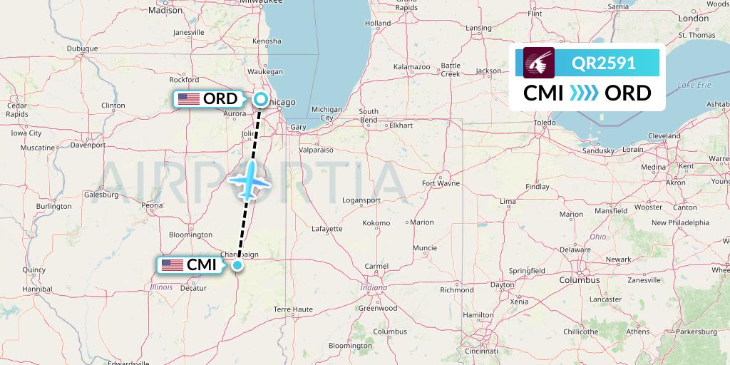 QR2591 Qatar Airways Flight Map: Champaign to Chicago