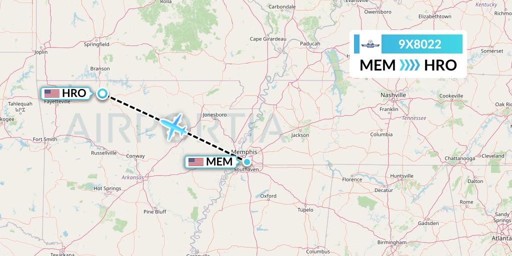 9X8022 Southern Airways Express Flight Map: Memphis to Harrison