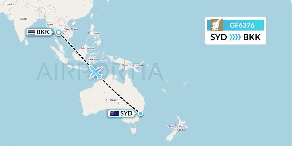 GF6376 Gulf Air Flight Map: Sydney to Bangkok
