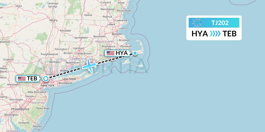 TJ202 Tradewind Aviation Flight Map: Hyannis to Teterboro