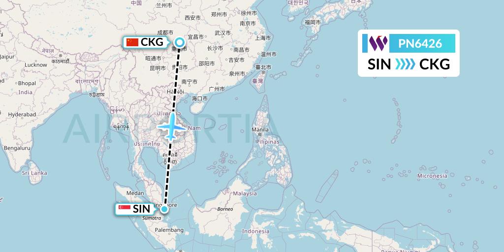 PN6426 China West Air Flight Map: Singapore to Chongqing