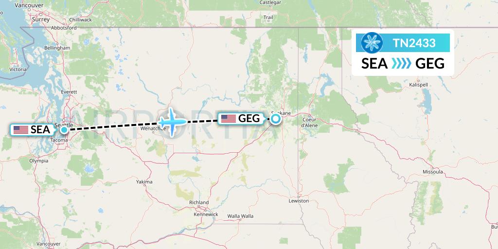 TN2433 Air Tahiti Nui Flight Map: Seattle to Spokane
