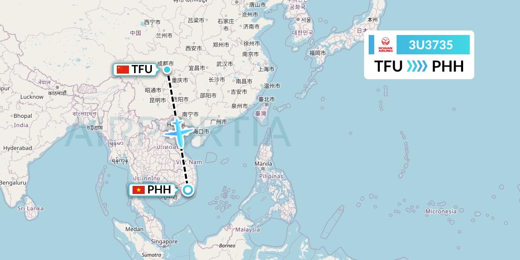 3U3735 Sichuan Airlines Flight Map: Chengdu to Phan Thiet