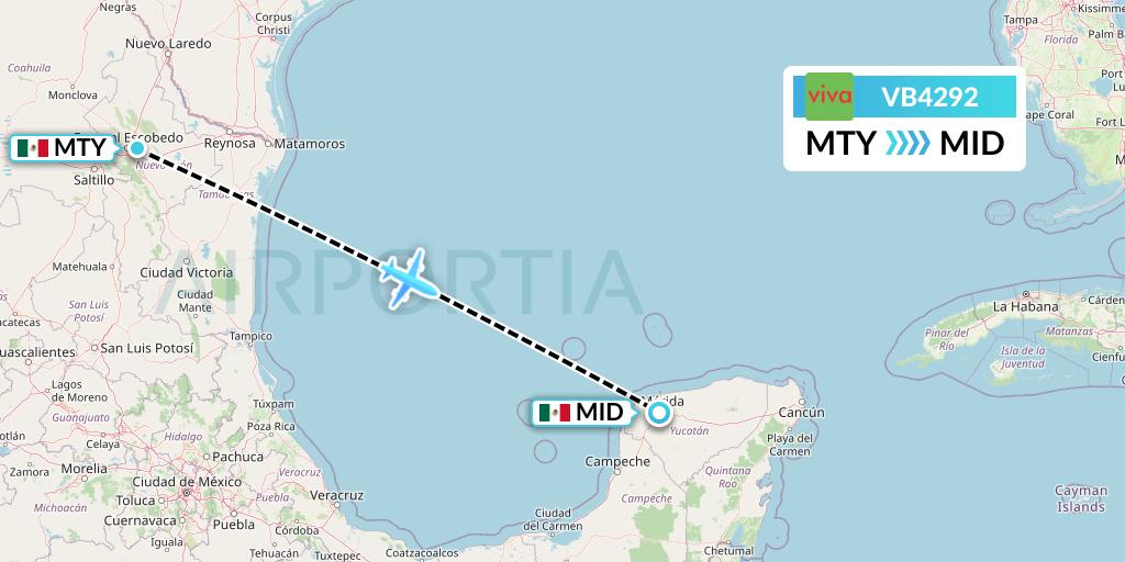 VB4292 VivaAerobus Flight Map: Monterrey to Merida