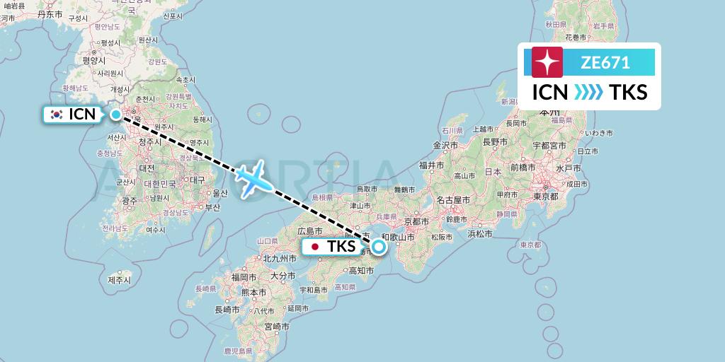 ZE671 Eastar Jet Flight Map: Seoul to Tokushima