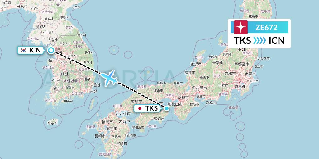 ZE672 Eastar Jet Flight Map: Tokushima to Seoul