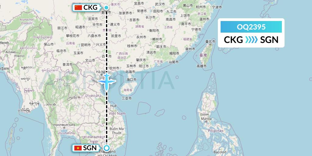OQ2395 Chongqing Airlines Flight Map: Chongqing to Ho Chi Minh City