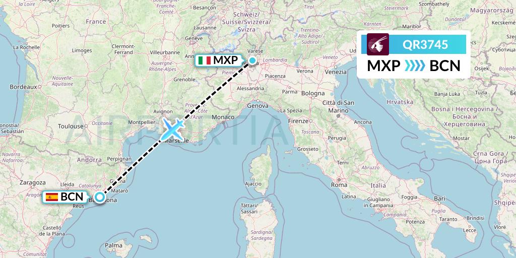 QR3745 Qatar Airways Flight Map: Milan to Barcelona