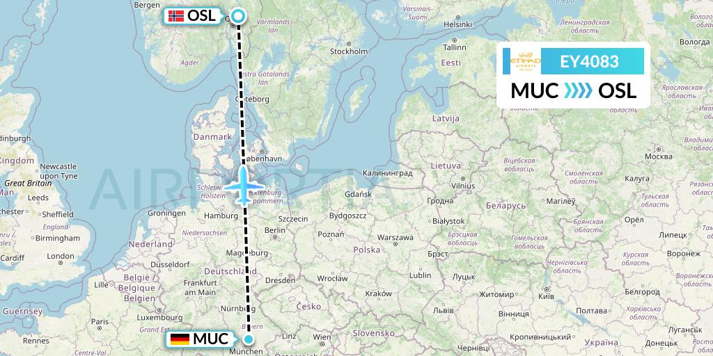 EY4083 Etihad Airways Flight Map: Munich to Oslo