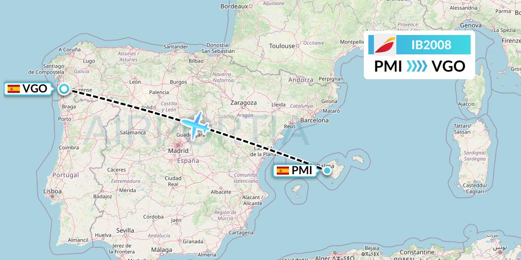 IB2008 Iberia Flight Map: Palma de Mallorca to Vigo
