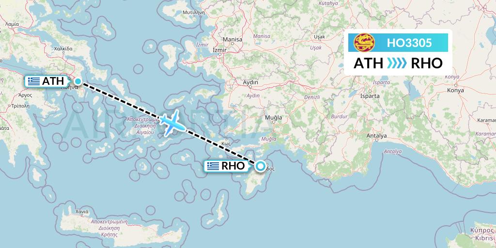 HO3305 Juneyao Airlines Flight Map: Athens to Rhodes