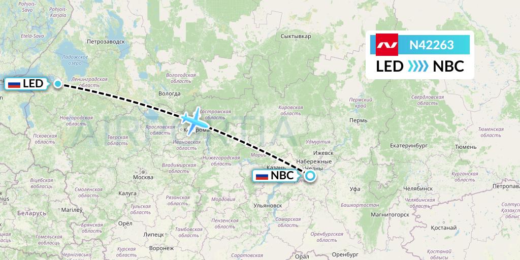 N42263 Nordwind Airlines Flight Map: St. Petersburg to Naberezhnye Chelny