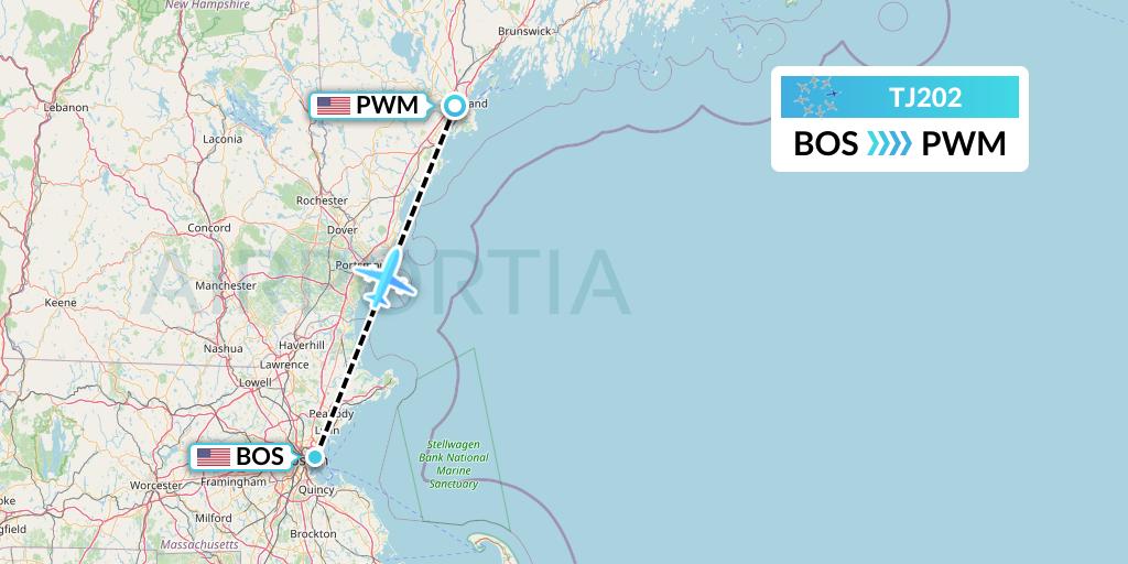TJ202 Tradewind Aviation Flight Map: Boston to Portland