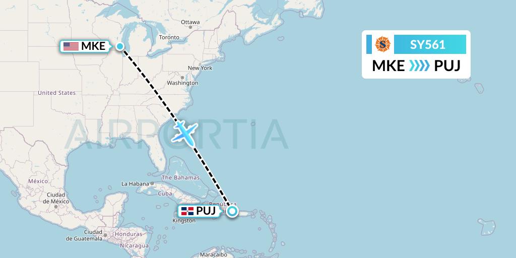 SY561 Sun Country Airlines Flight Map: Milwaukee to Punta Cana