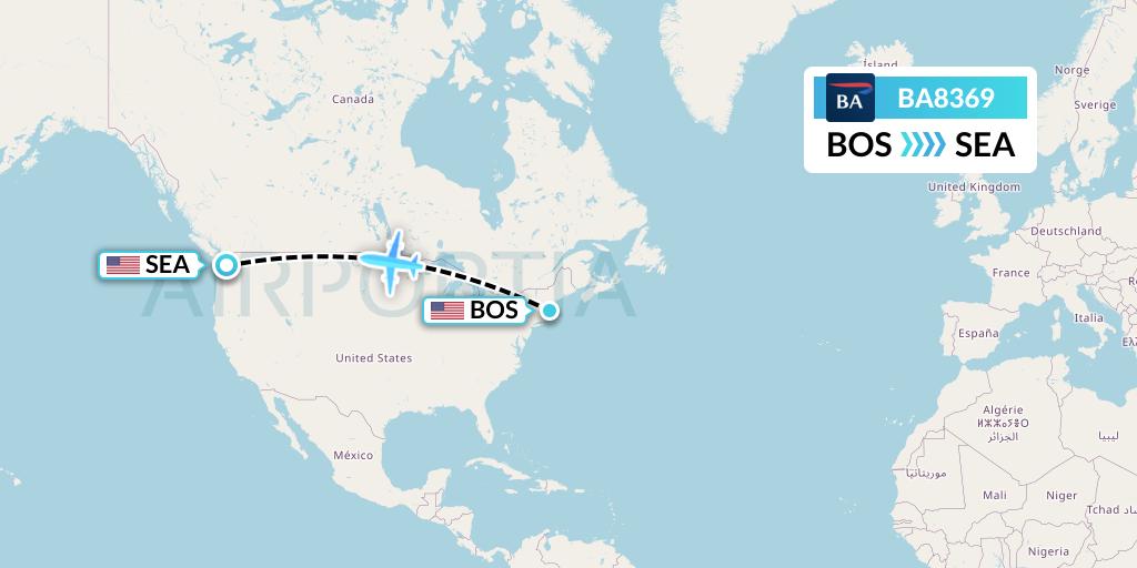 BA8369 British Airways Flight Map: Boston to Seattle