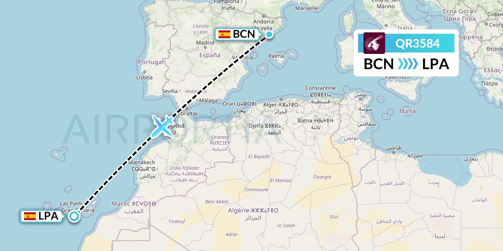 QR3584 Qatar Airways Flight Map: Barcelona to Las Palmas