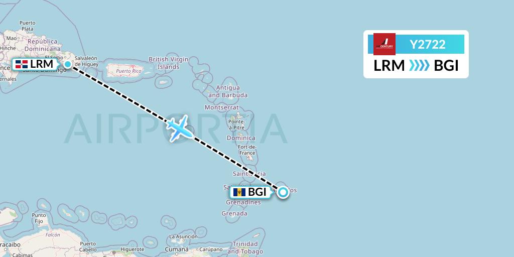 Y2722 Air Century Flight Map: La Romana to Bridgetown
