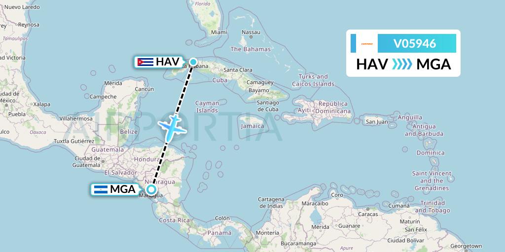 V05946 Conviasa Flight Map: Havana to Managua
