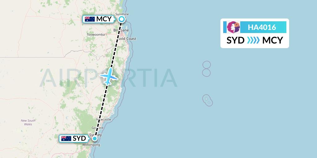 HA4016 Hawaiian Airlines Flight Map: Sydney to Sunshine Coast