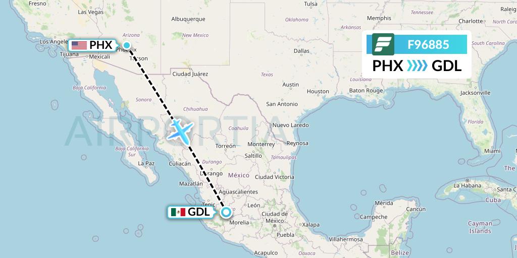 F96885 Frontier Airlines Flight Map: Phoenix to Guadalajara