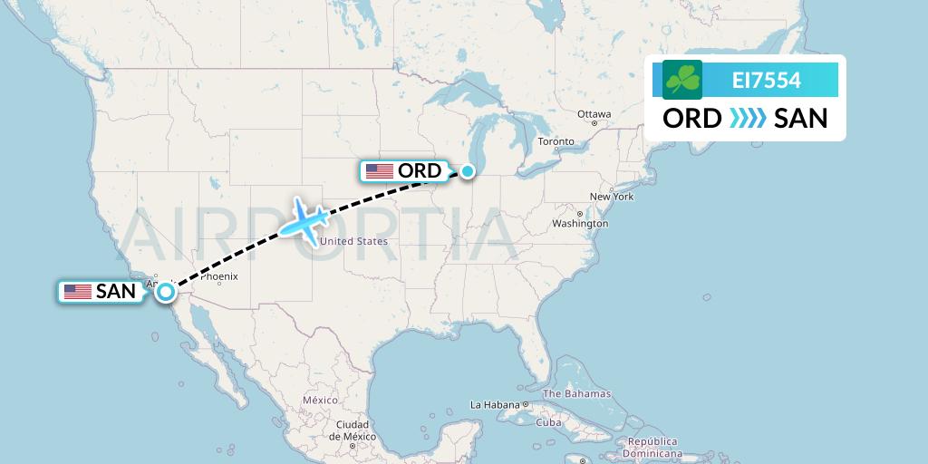 EI7554 Aer Lingus Flight Map: Chicago to San Diego