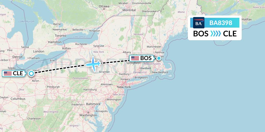 BA8398 British Airways Flight Map: Boston to Cleveland