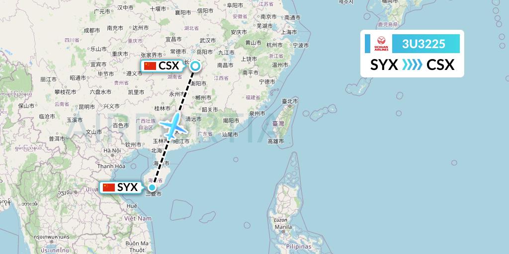 3U3225 Sichuan Airlines Flight Map: Sanya to Changsha