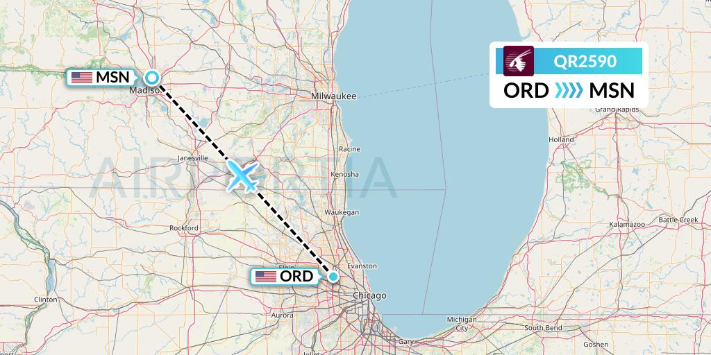 QR2590 Qatar Airways Flight Map: Chicago to Madison