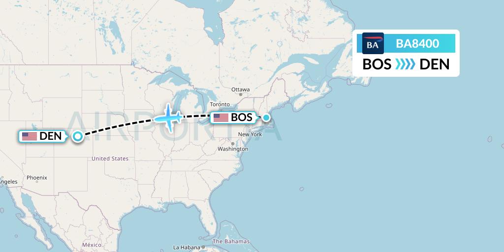 BA8400 British Airways Flight Map: Boston to Denver