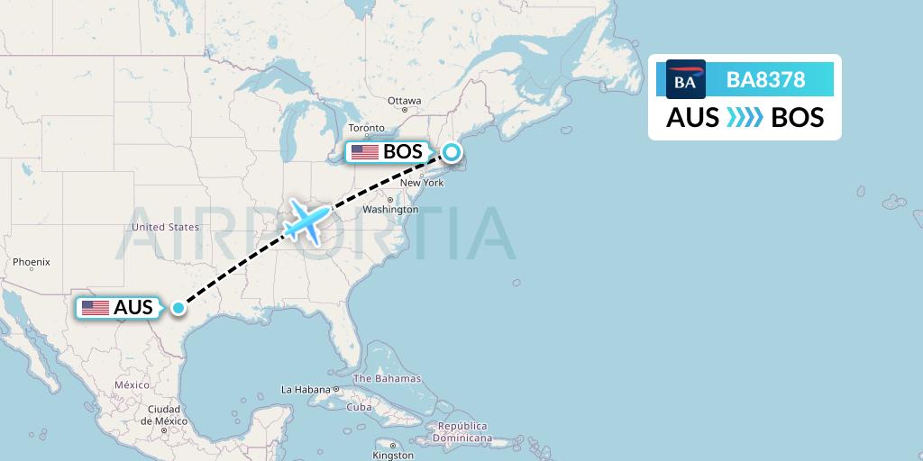BA8378 British Airways Flight Map: Austin to Boston