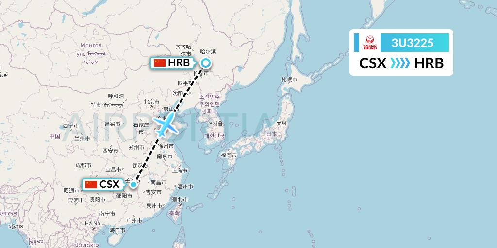 3U3225 Sichuan Airlines Flight Map: Changsha to Harbin
