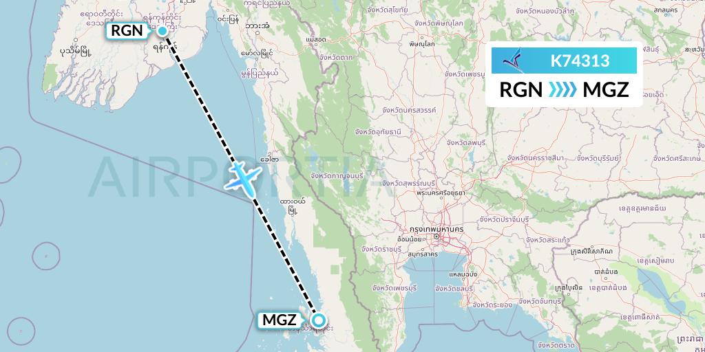 K74313 Air KBZ Flight Map: Yangon to Myeik