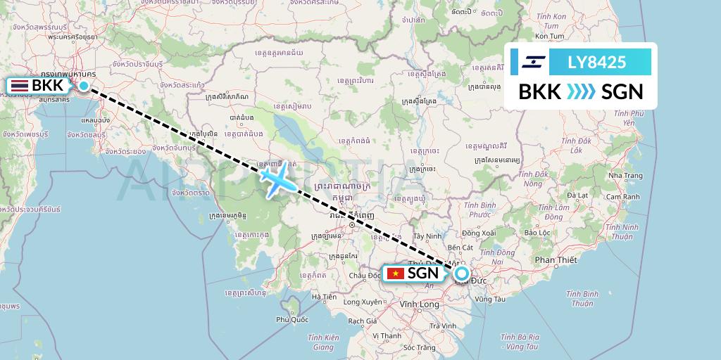 LY8425 El Al Flight Map: Bangkok to Ho Chi Minh City